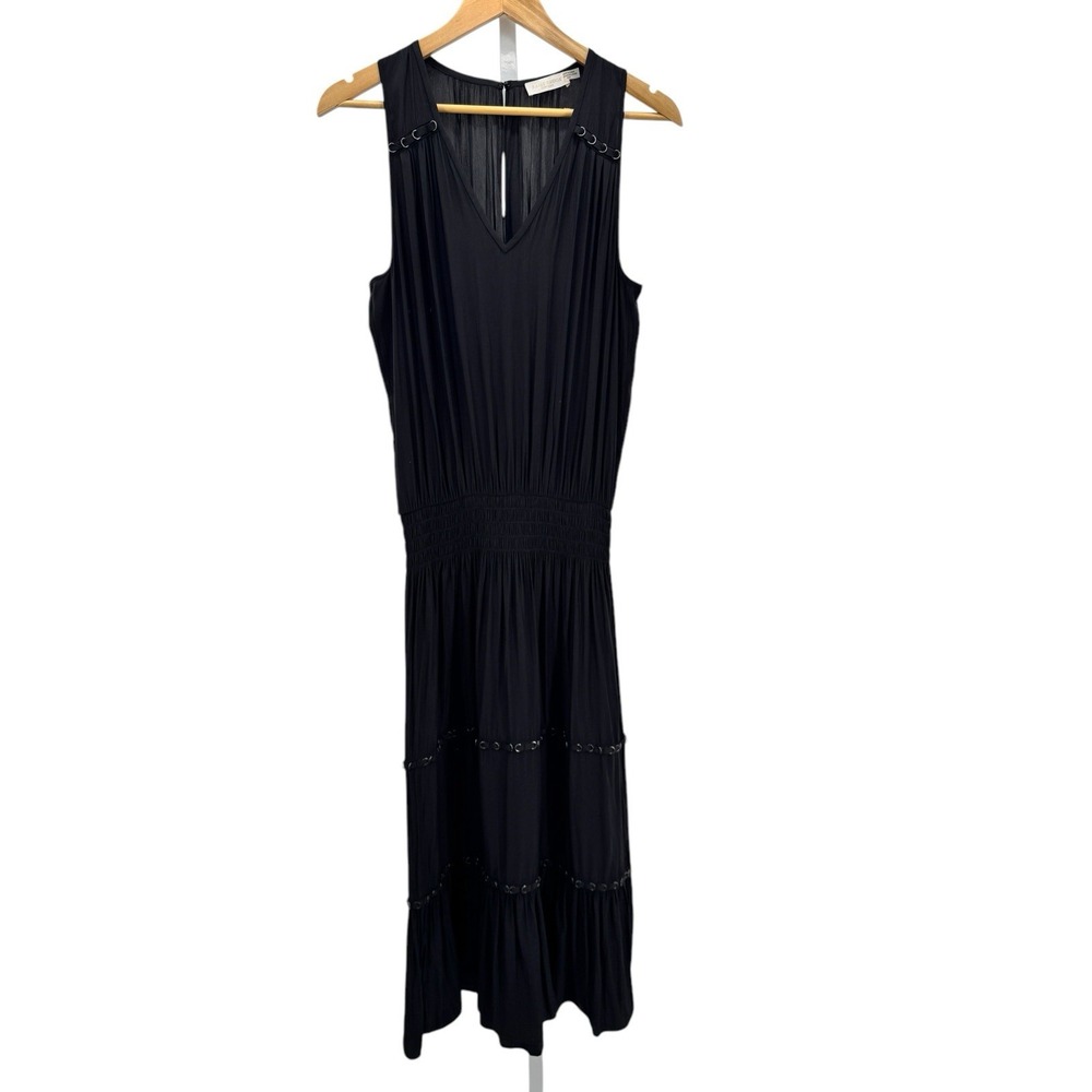 Ramy Brook Eden Black Midi Dress Sz M Tiered Ring Embellished Smocked Waist